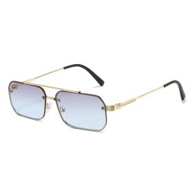 Fashion Women Rectangle Sunglasses Shades UV400 Vintage Metal Small Square Frame Eyewear Men Gradient Ocean Lens Sun Glasses (Lens Color: gold gray blue)