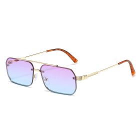 Fashion Women Rectangle Sunglasses Shades UV400 Vintage Metal Small Square Frame Eyewear Men Gradient Ocean Lens Sun Glasses (Lens Color: gold purple blue)