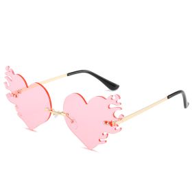 Fashion Heart Fire Sunglasses Women Rimless Sunglass Vintage Sun Glass Men Luxury Brand Design Eyewear UV400 Black Red Shades (Lens Color: pink)