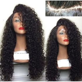 Wig Synthetic Fiber Lace Front Wig Kinky Curly L Part Heat Resistant Wigs with Cap Replacement Natural Black Wig For Women (Color: BLACK)